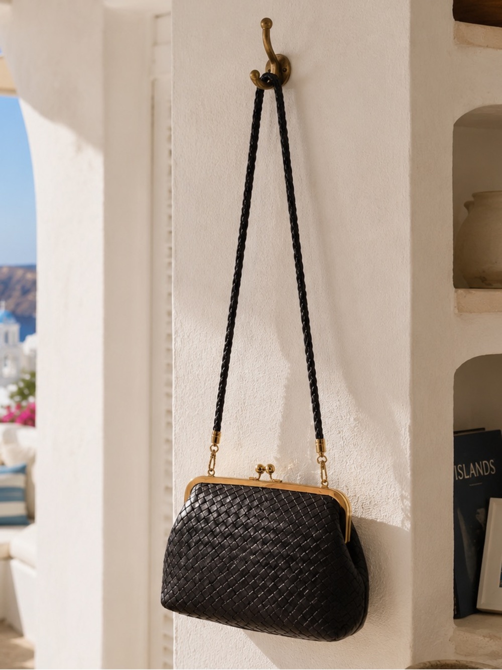 Vintage Black Woven Leather Kiss Lock Frame Bag 2 Way • Clutch Shoulder Purse - Picture 7 of 15